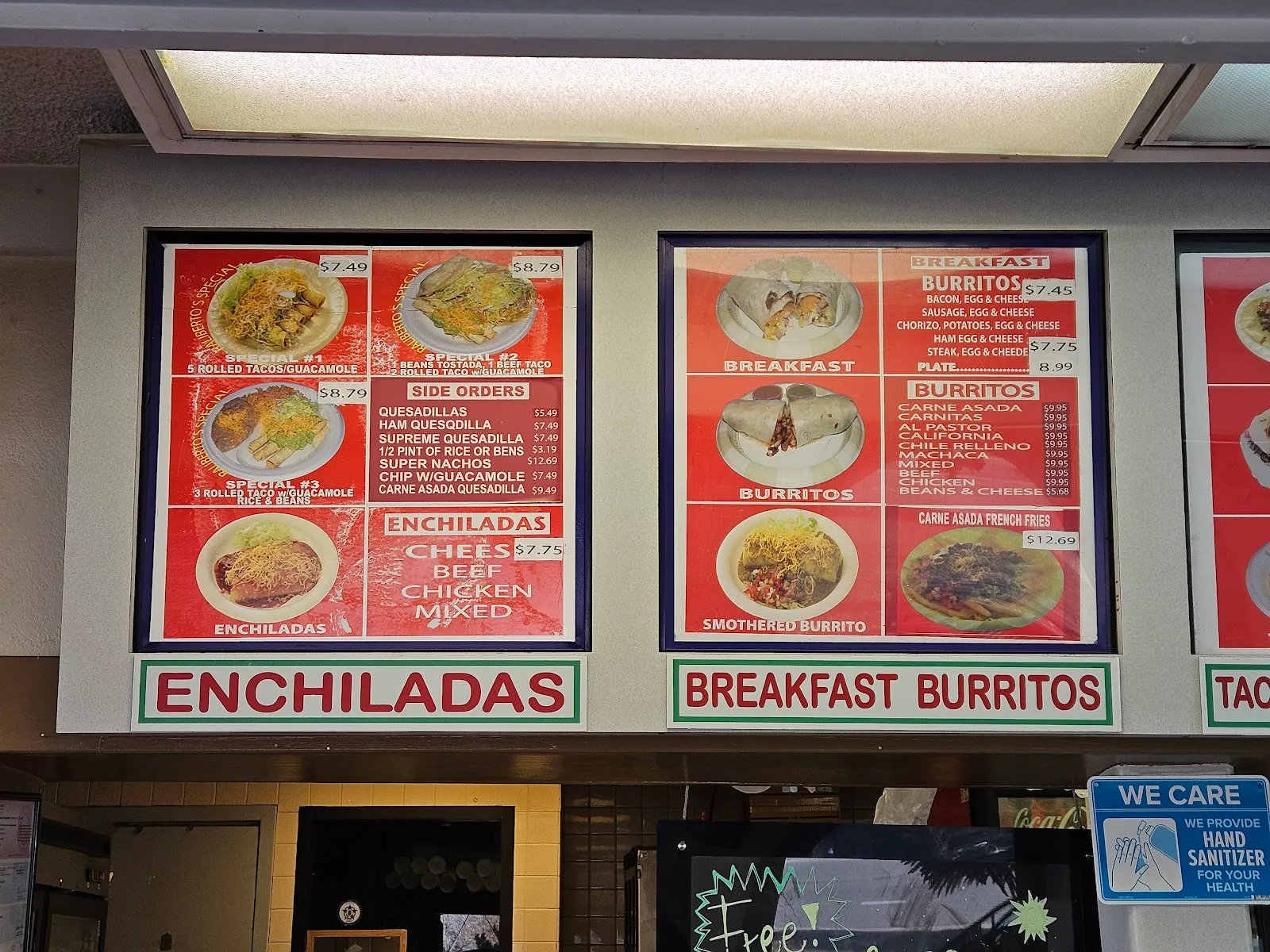 In-store menu boards for enchiladas, breakfast burritos, and burritos with prices